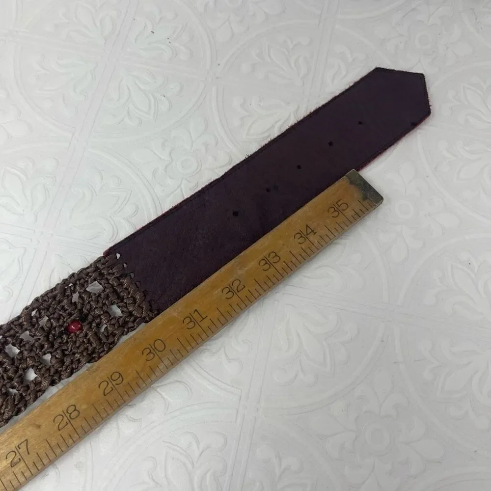 Lara Kazan Peacock Brass Buckle Belt Red Leather/Brown Crochet